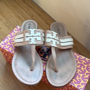 Tory Burch Tan and Cream Miller Thong Sandals